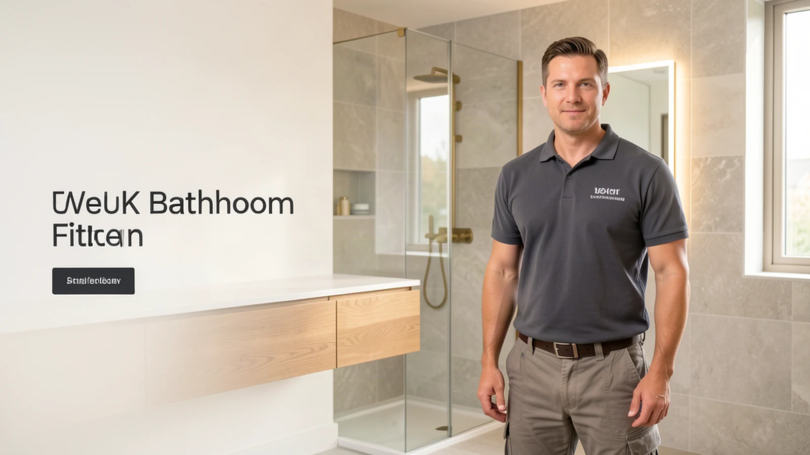 Professional UK bathroom installer standing confidently in a beautifully completed modern bathroom installation