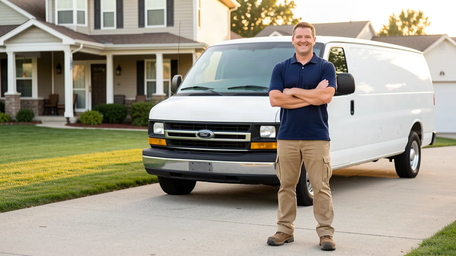 American contractor standing confidently in front of his work van at a suburban home