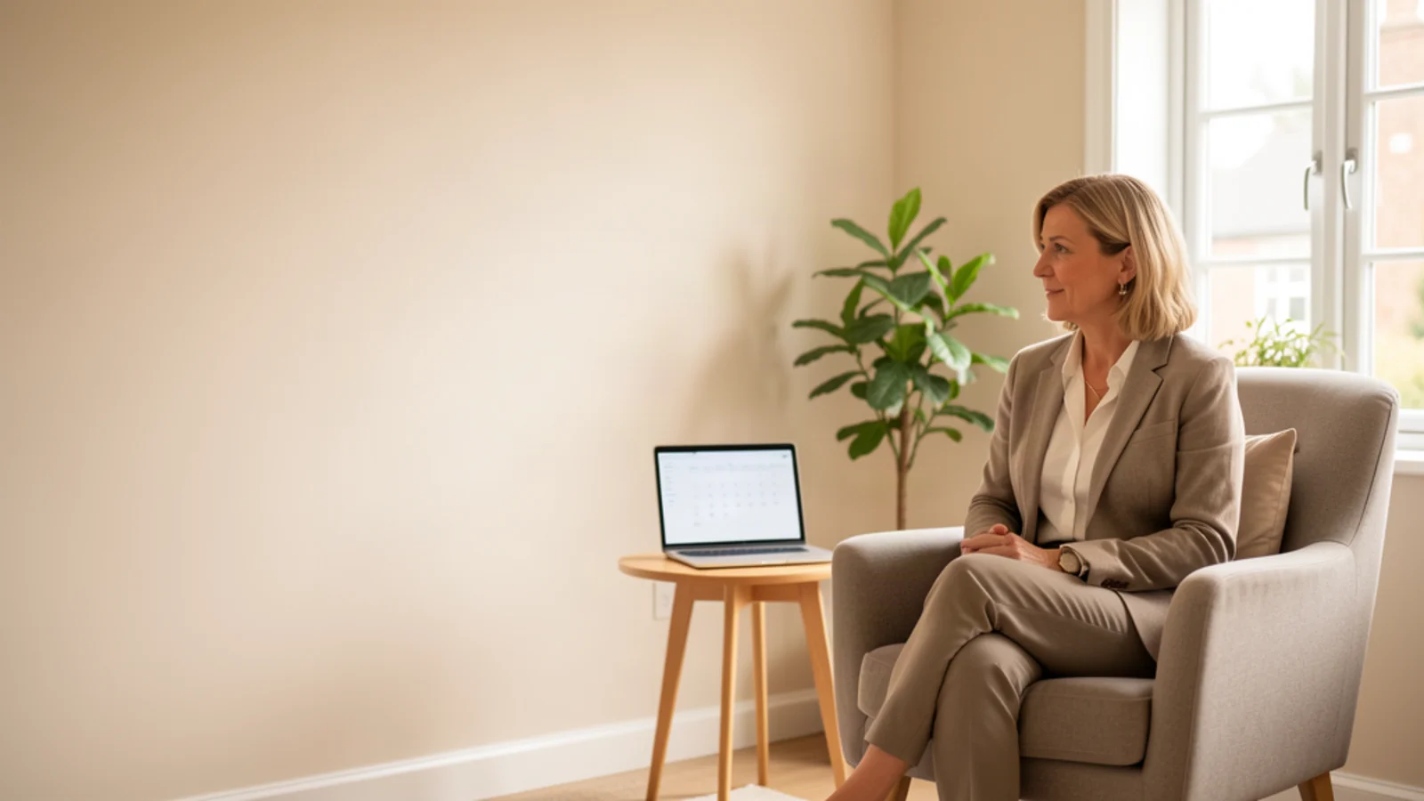 Professional UK hypnotherapist in a calm, modern consultation room, speaking with a client