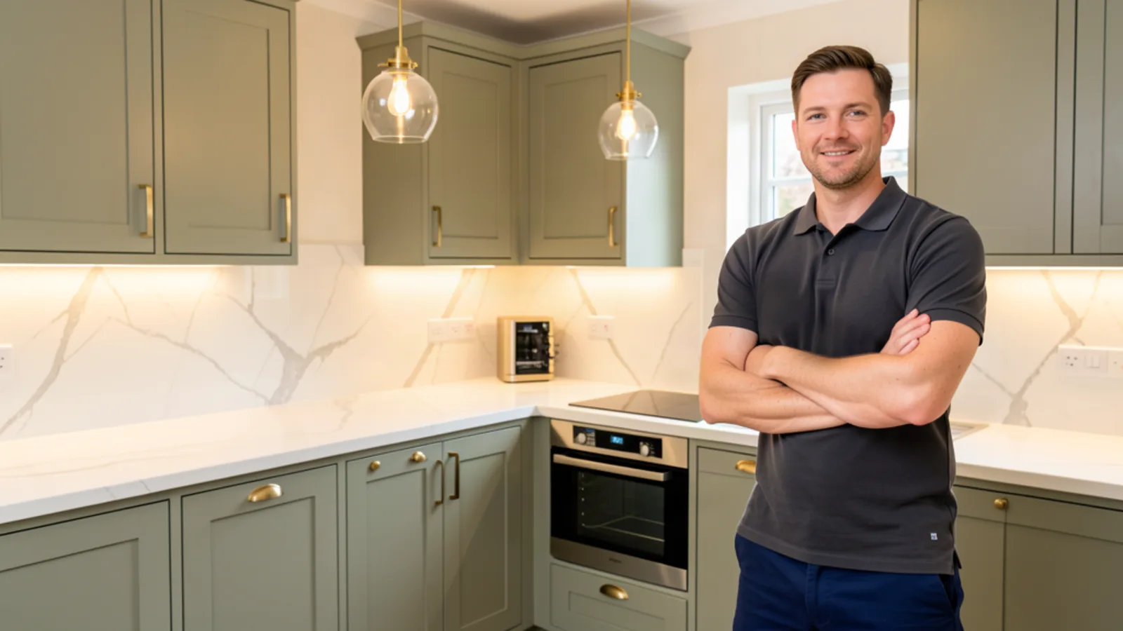 Professional UK kitchen fitter standing confidently in a beautifully completed modern kitchen installation