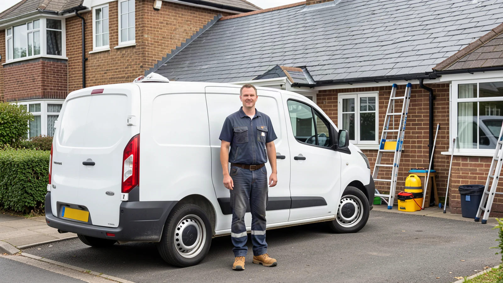Professional UK roofing contractor standing confidently near his work van outside a British home with roof work visible