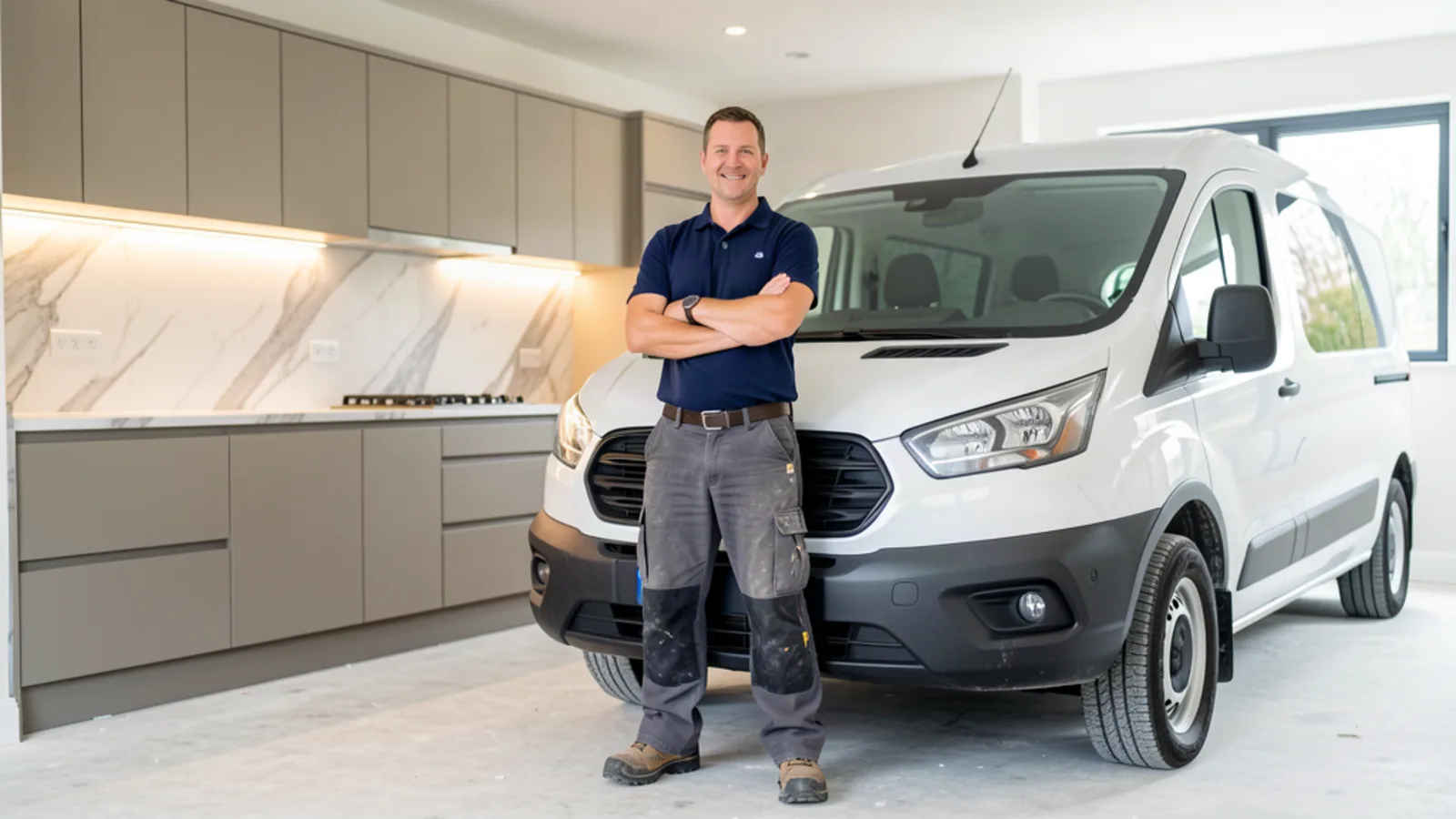 Professional UK tradesman standing confidently in front of his work van at a completed installation job